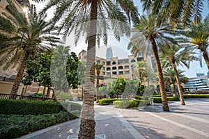 Downtown area next to Dubai Mall with Souk Al Bahar market, popular tourist destination, United Arab Emirates