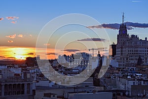 Downtown areal view of Madrid from the Circulo de Bellas Artes at sunset with colourful sky. Madrid, photo