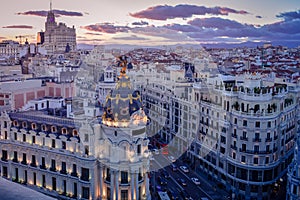 Downtown areal view of Madris from the Circulo de Bellas Artes at sunset with colourful sky, Spain photo