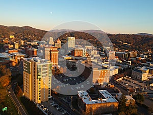 Downtown Asheville, North Carolina. Aerial drone view of the city in the Blue Ridge Mountains during Autumn / Fall Season.  Archit