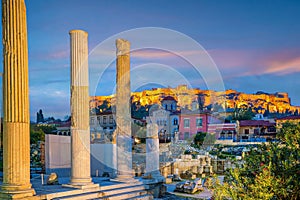 Downtown Athens city skyline in Greece at sunset