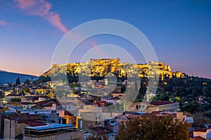 Downtown Athens city skyline in Greece at sunset