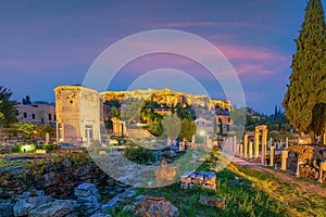 Downtown Athens city skyline in Greece at sunset