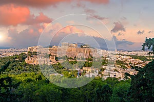 Downtown Athens city skyline in Greece at sunset