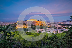 Downtown Athens city skyline in Greece at sunset