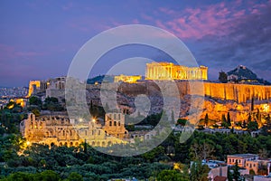 Downtown Athens city skyline in Greece at sunset