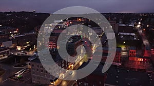 Downtown Bangor Maine night aerial video