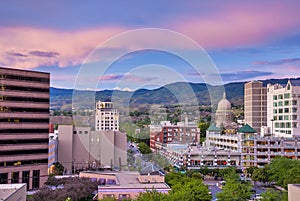 Downtown Boise Idaho just after sundown with Capital building