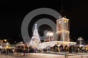 Downtown Brasov City At Night With Christmas Tree