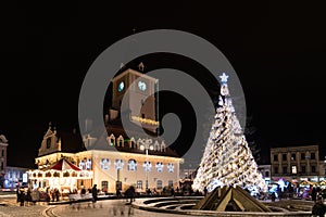 Downtown Brasov City At Night With Christmas Tree