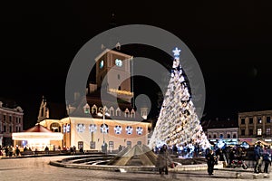Downtown Brasov City At Night With Christmas Tree
