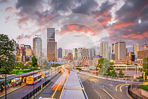 Downtown Brisbane city skyline at sunset