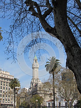 downtown bueno aires, argentina, trees, palm trees, church and clock, blue sky photo