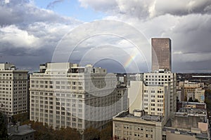 Downtown Buildings Portland, Oregon With Rainbow