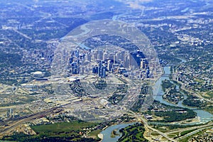 Downtown Calgary and Bow River Valley Aerial View, Alberta, Canada