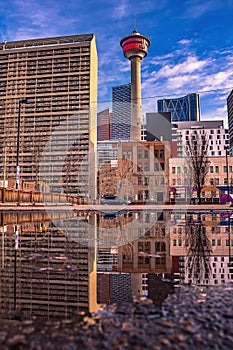 Downtown Calgary Reflecting In A Puddle