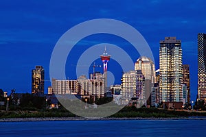 Downtown Calgary Skyline Glowing At Night