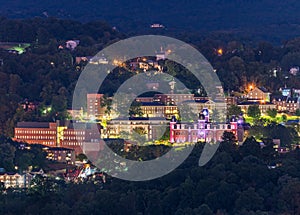 Downtown campus of West Virginia university at nightfall