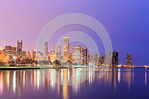 Downtown Chicago across Lake Michigan at sunset, IL