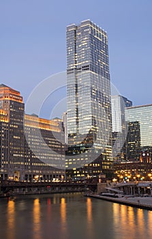 Downtown Chicago along Chicago River at sunset