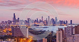 Downtown chicago skyline at sunset Illinois in USA