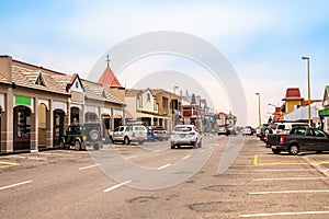 Downtown city center of Swakopmund with road trafic and german colonial buildings, Namibia