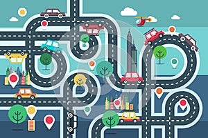 Downtown City Map with Pins and Cars on Road