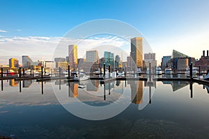 Downtown city skyline, Inner Harbor and marina in Baltimore