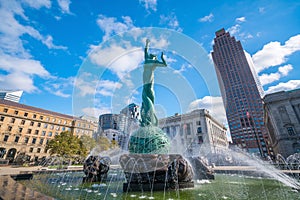Downtown Cleveland skyline and Fountain of Eternal Life Statue