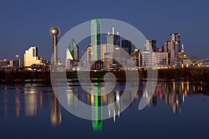 Downtown Dallas, Texas at night with the Trinity River