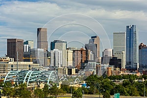 Downtown Denver, Colorado Skyscrapers with Confluence Park and the Speer Blvd. Platte River Bridges in the Foreground photo