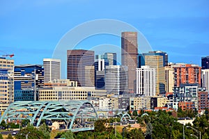 Downtown Denver, Colorado Skyscrapers with Confluence Park and the Speer Blvd. Platte River Bridges in the Foreground