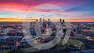 Downtown Denver, Colorado, USA Drone Skyline Aerial Panorama