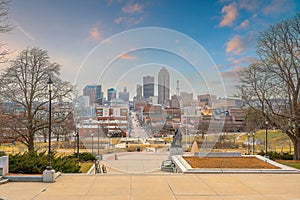 Downtown Des Moines city skyline cityscape of Iowa and public park in USA