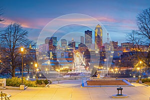 Downtown Des Moines city skyline cityscape of Iowa and public park in USA