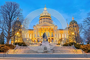 Downtown Des Moines city skyline cityscape of Iowa and Iowa State Capitol in USA