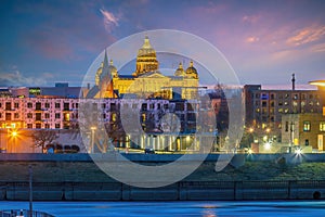 Downtown Des Moines city skyline cityscape of Iowa and Iowa State Capitol in USA