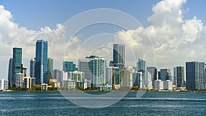 Downtown district of Miami Brickell in Florida, USA. Timelapse of urban landscape of high waterfront skyscraper