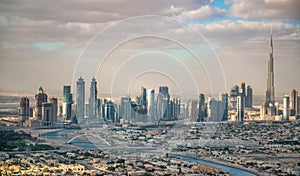 Downtown Dubai aerial panoramic view from helicopter, UAE