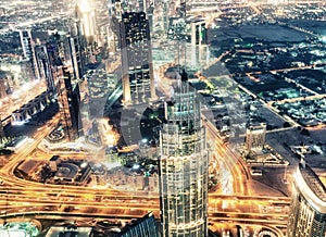 Downtown Dubai aerial view as seen at sunset