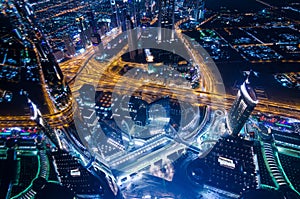 Downtown dubai futuristic city neon lights and sheik zayed road