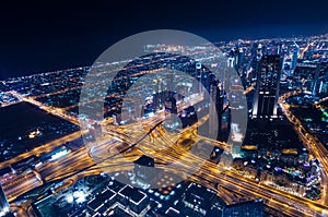 Downtown dubai futuristic city neon lights and sheik zayed road