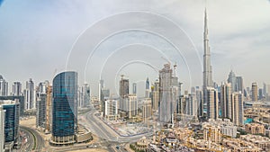 Downtown Dubai skyline with residential towers timelapse, view from rooftop.