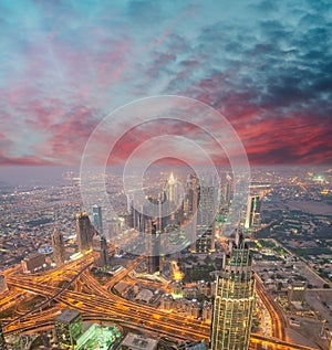 Downtown Dubai sunset aerial skyline