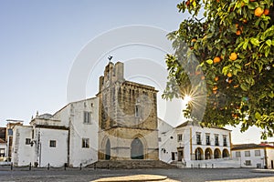 Downtown of Faro with Se Cathedral in the morning with orange tree in the foreground, Portugal