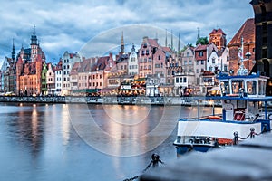 Downtown of Gdansk with boats in harbor during evening,Poland