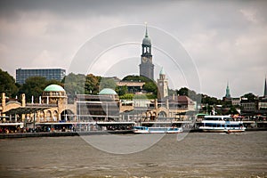 Downtown Hamburg on a cloudy day. Boats passing on the waterways.