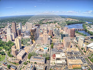 Downtown Hartford, Connecticut Skyline seen in Summer by Drone