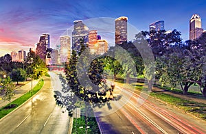 Downtown Houston skyline in Texas USA at sunset