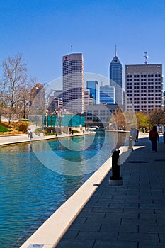 Downtown Indianapolis: Canal Walkway, Skyscrapers, and Daytime Tranquility